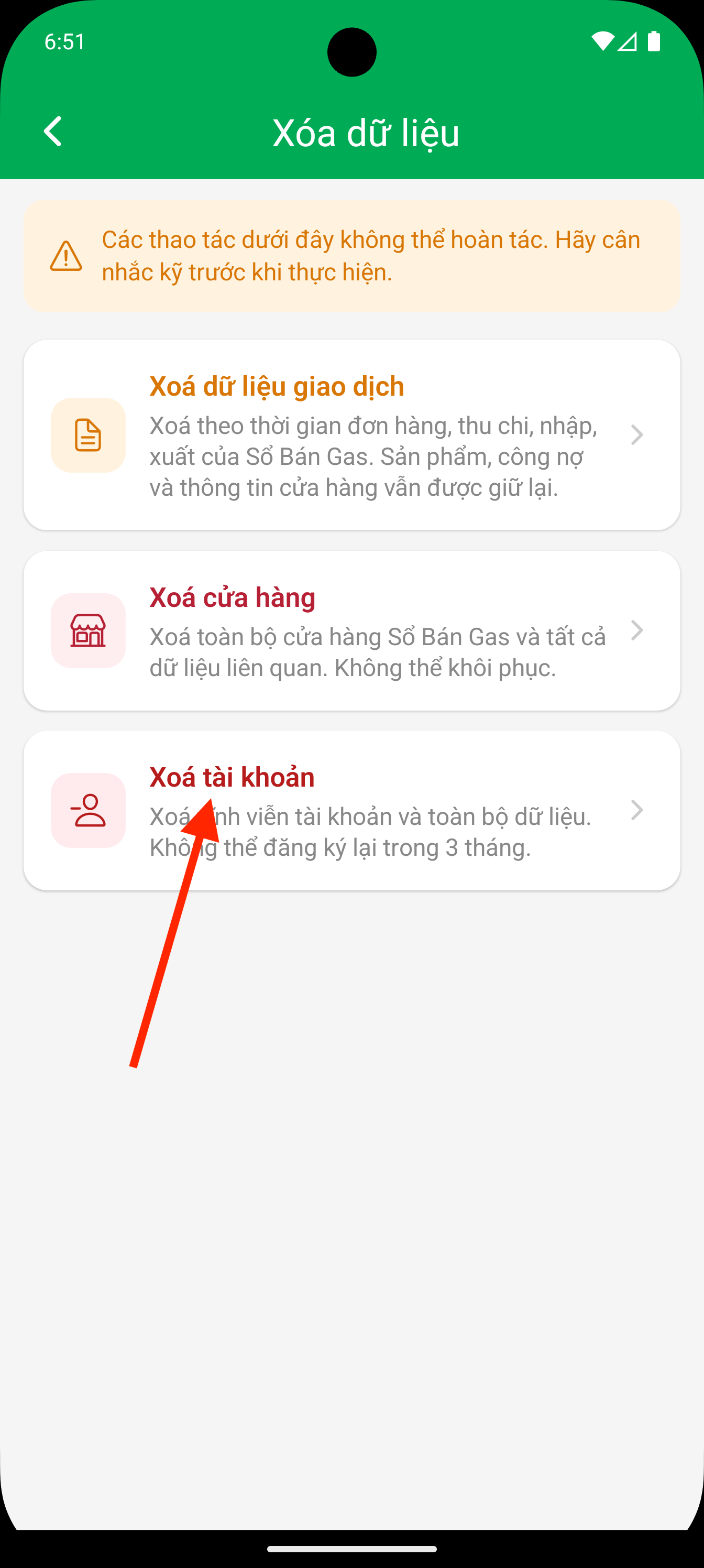 Bước 3: Chọn Xóa tài khoản trong màn hình Xóa dữ liệu