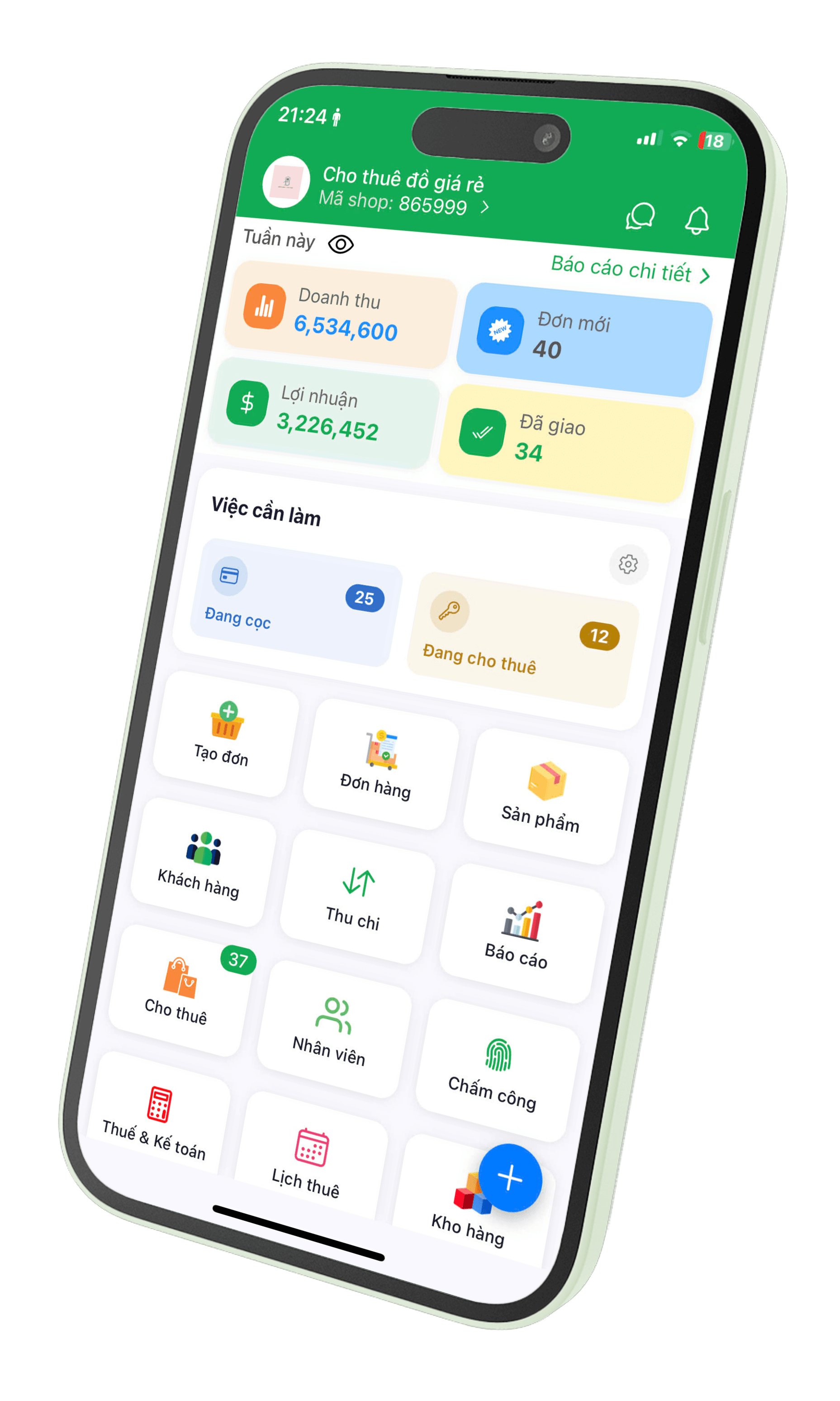 Màn hình tổng quan shop trên Sổ Thuê Đồ