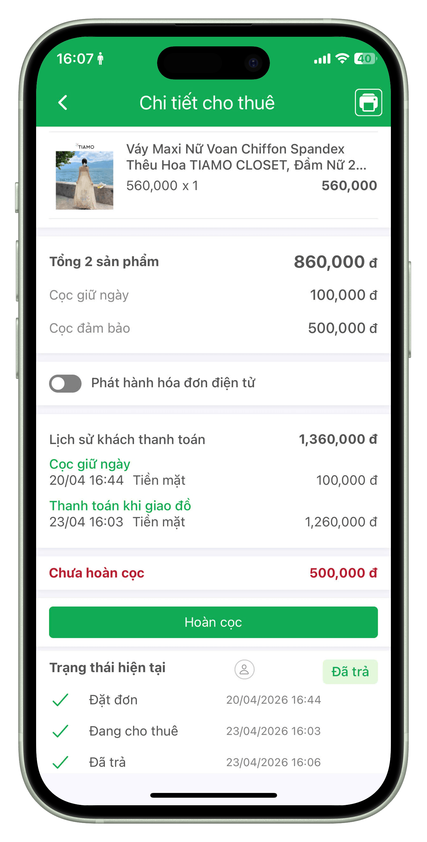 Chi tiết đơn thuê và trạng thái hoàn cọc