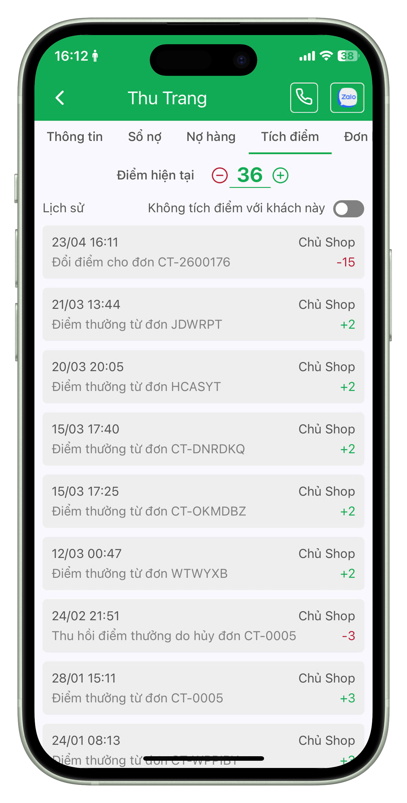 Màn hình tích điểm khách hàng