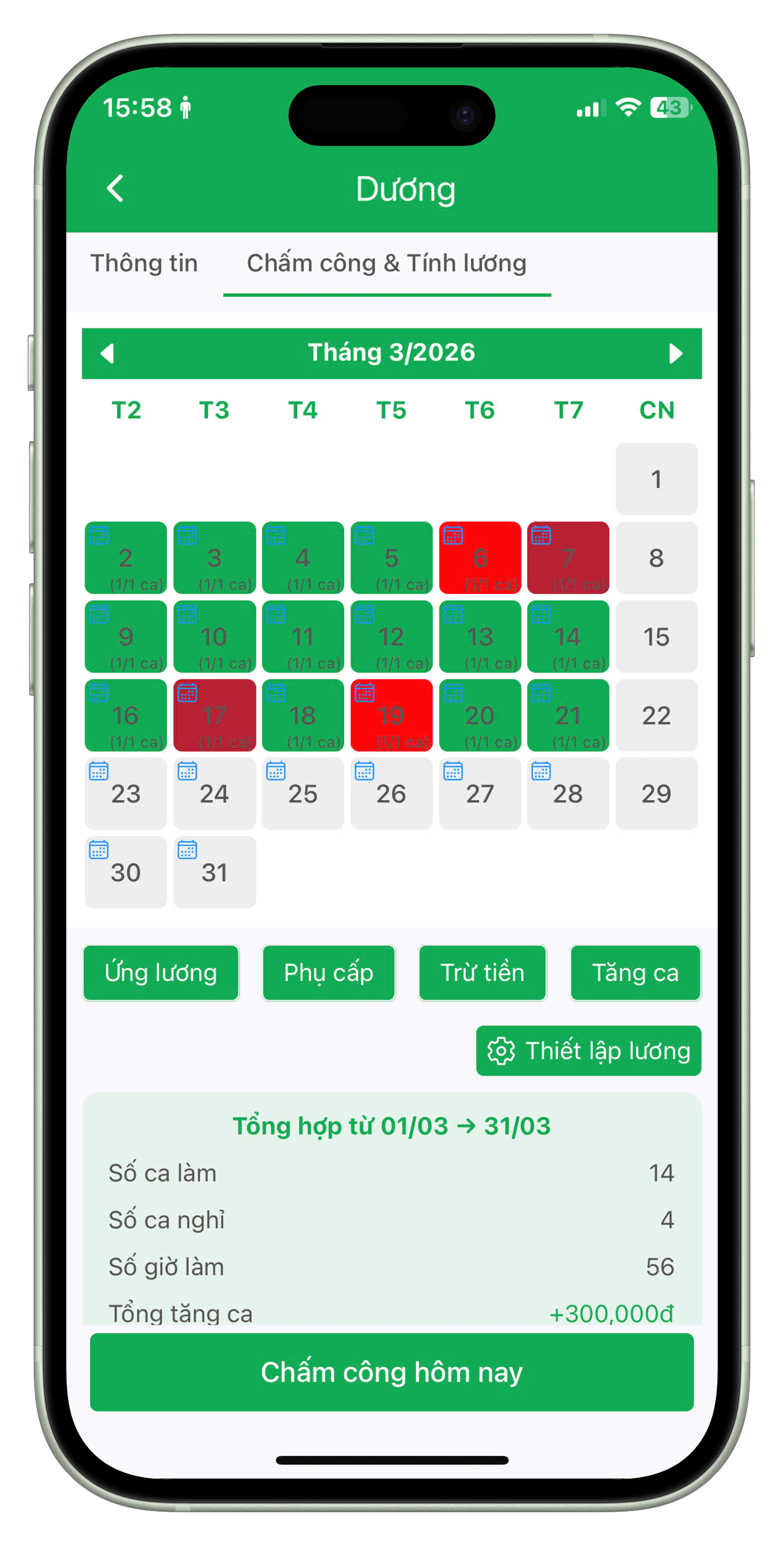 Màn hình chấm công và tính lương nhân viên