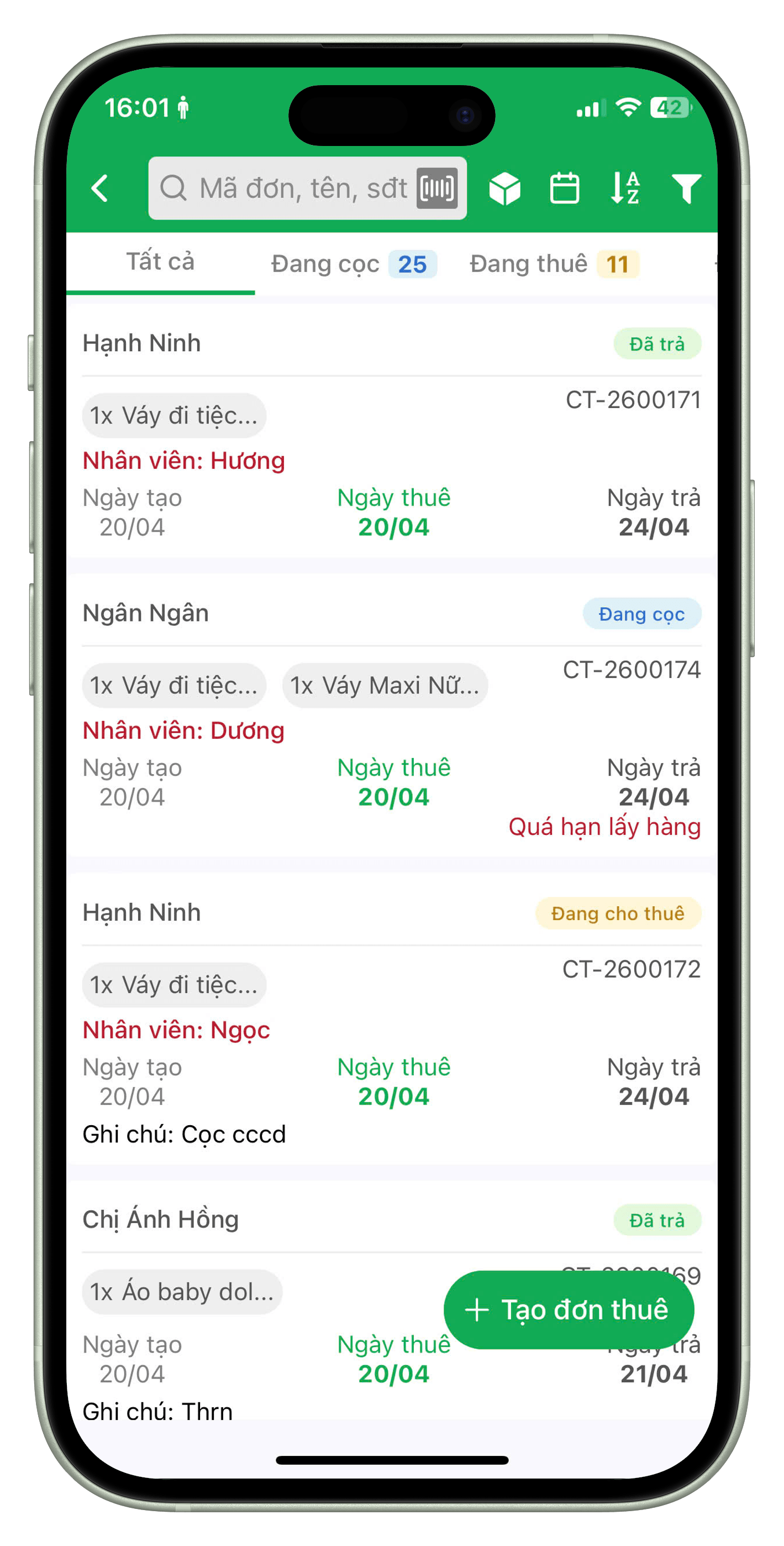 Danh sách đơn thuê có lọc trạng thái
